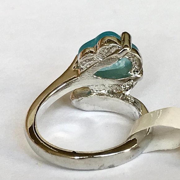 Vintage Aqua Blue Cats Eye Stone Flower Ring Size 7 Wrap Retro Silver Plated - Picture 11 of 11